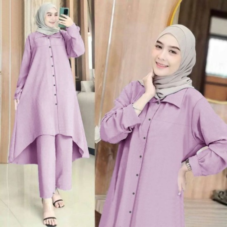 Set Wanita Muslim Tunik Remaja Terbaru 2022 Model Kekinian Trendy Motif Polos Berkerah Bahan Moscrep