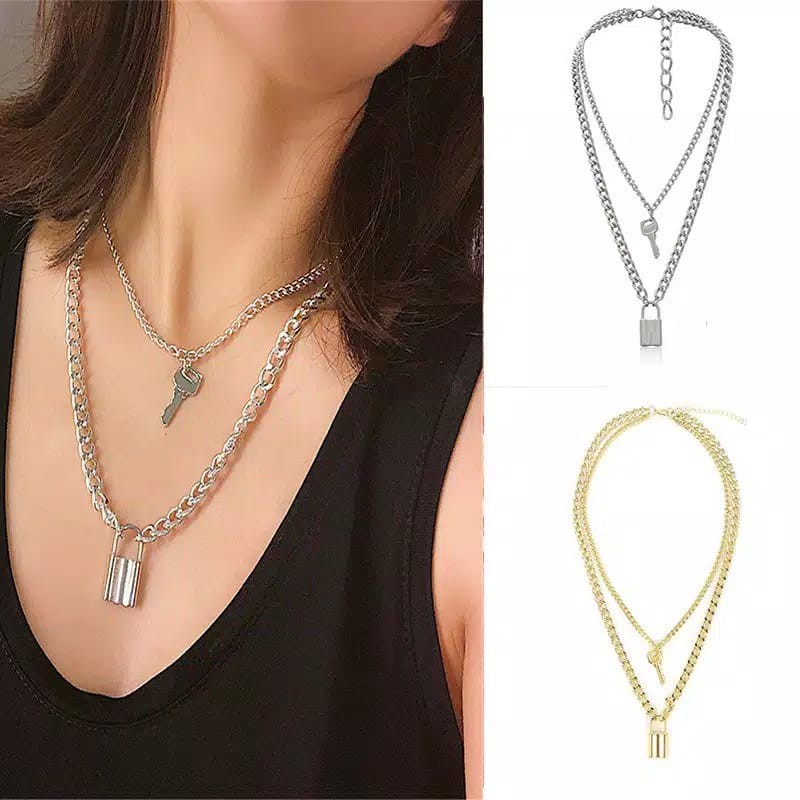 ✨BAYAR DITEMPAT✨ Kalung Kunci/Kalung Gembok/Kalung Multi Layer/Kalung Lapis Emas/Kalung Wanita Korea