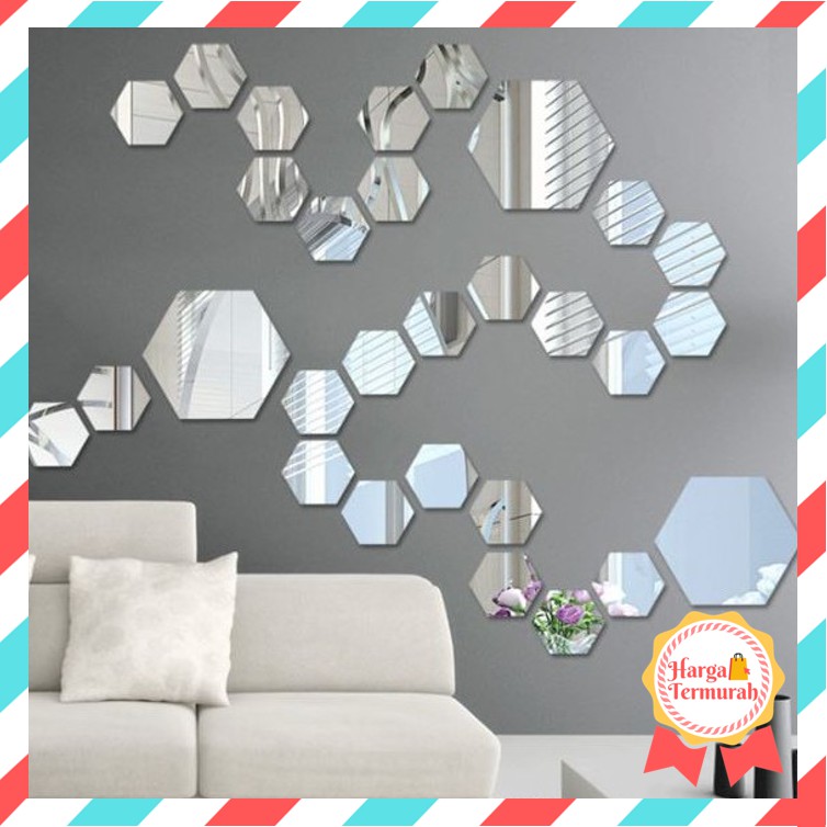 Harga Termurah - 831 (12PCS) Kaca Cermin Hexagonal / Cermin Segi Enam / Stiker Cermin