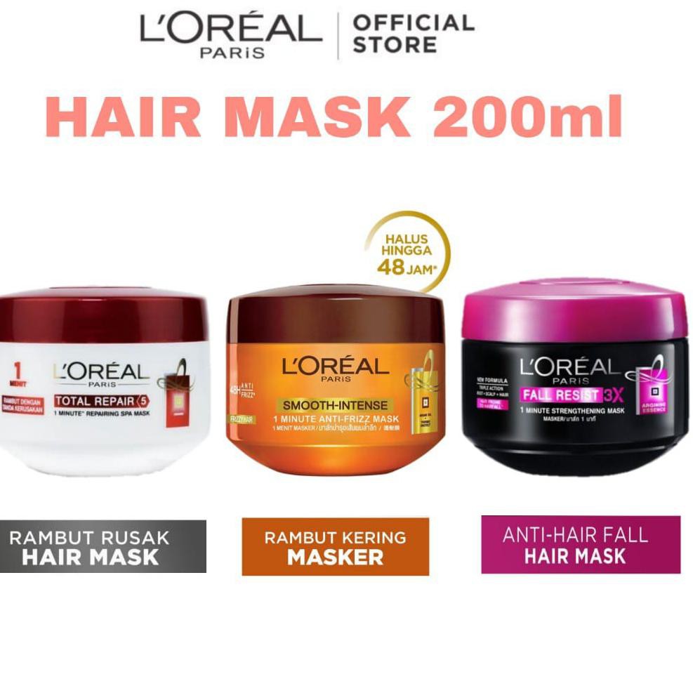 L'Oreal Loreal Paris Hair Mask Masker Rambut Fall Resist / Smooth Intense / Total Repair 200 ml (KOD
