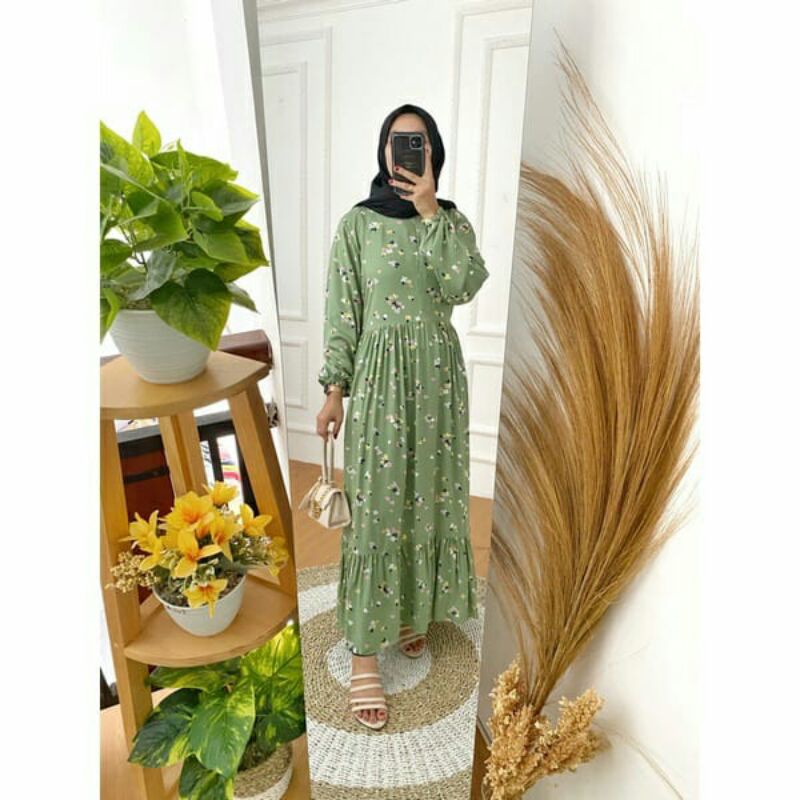 gamis rayon hijau mint motif bunga midi dress viscose green