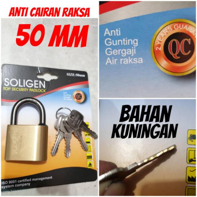 Gembok soligen kuningan 50mm anti cairan