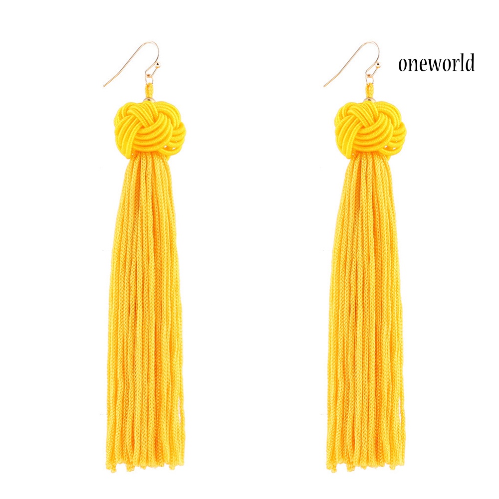 OW@ Bohemian Women Woven Knot Long Tassel Dangle Hook Earrings Statement Jewelry