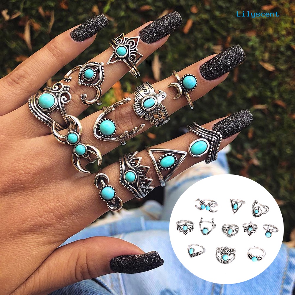 11pcs / Set Cincin Knuckle Turquoise Palsu Gaya Vintage Bohemia Untuk Wanita