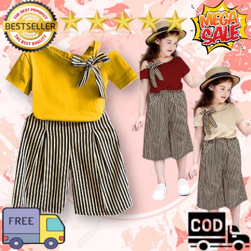 VISION ONLINE [GRATIS ONGKIR BISA COD] SETELAN MONICA//SETELAN BAJU PAKAIAN ANAK BAYI PEREMPUAN CEWEK 1 2 3 4 5 TAHUN LENGAN PENDEK SABRINA KOREAN STYLE MURAH KAOS ATASAN BAYI CEWEK 12 BULAN DAN CELANA KULOT PANJANG MODERN TERBARU KEREN LUCU IMPORT