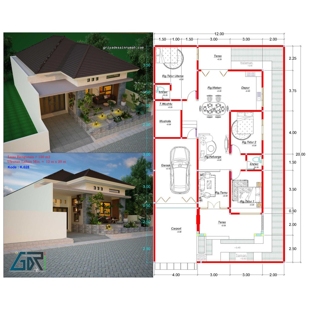 Jual Desain Rumah 1 Lantai Type 150 Ukuran 12x20 Meter | Shopee Indonesia - Denah Rumah Type 150 1 Lantai
