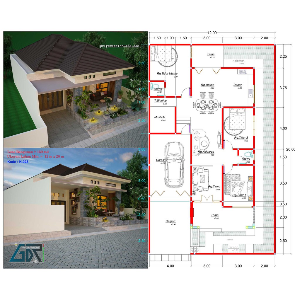 Jual Desain Rumah 1 Lantai Type 150 Ukuran 12x20 Meter | Shopee Indonesia - Denah Rumah Luas Bangunan 150 M2