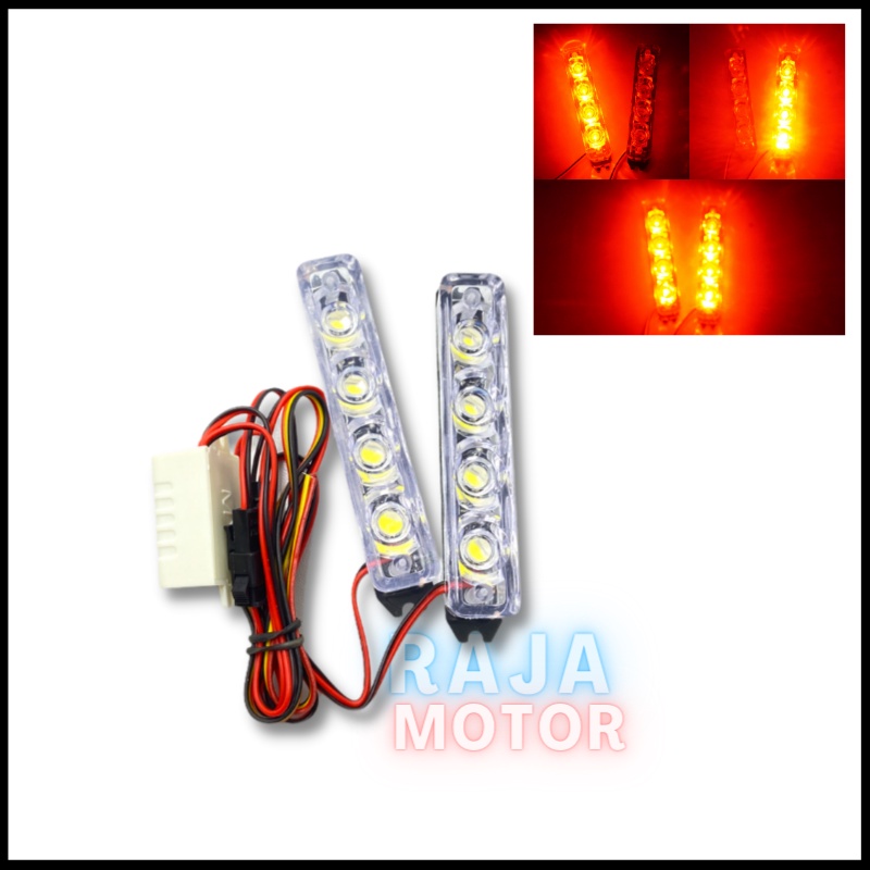 Lampu Motor DRL Kedip Strobe Blitz 8 LED 2 mode Universal Motor-Merah Merah