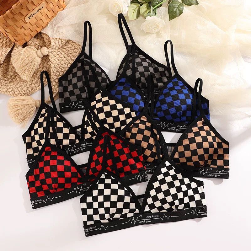 HUES.ID Bra Wanita Tanpa Kawat Bahan Halus BH Pakaian Dalam Bra Push Up Motif Catur 1086