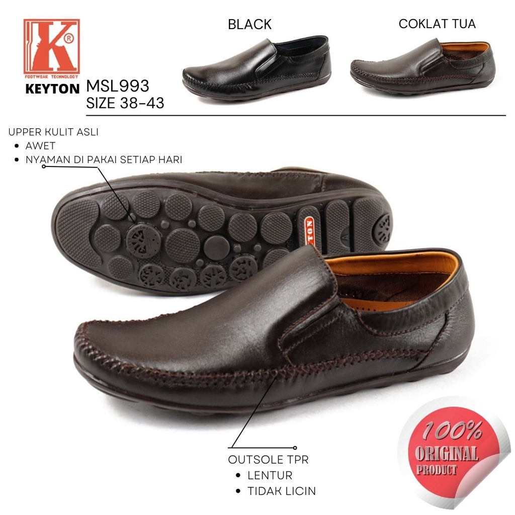 Sepatu Pria Slip On Loafer Kasual Kerja Hangout Bahan Kulit Asli KEYTON MSL993 Original