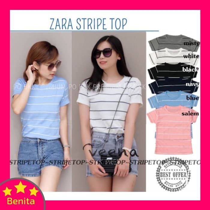 T Shirt Wanita Stripe Top 603 - Baju Kaos Wanita 603 - Putih