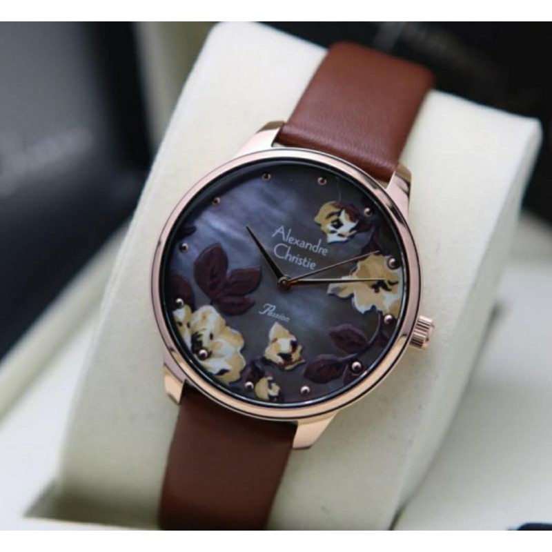 Jam tangan wanita/New alexandre christie original,Leather strap kulit,Dail motif bunga