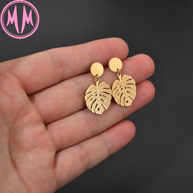 MORYMOSHI E143 Anting Wanita Titanium Stainless Daun Emas Anti Karat Anti Luntur Fashion Korea