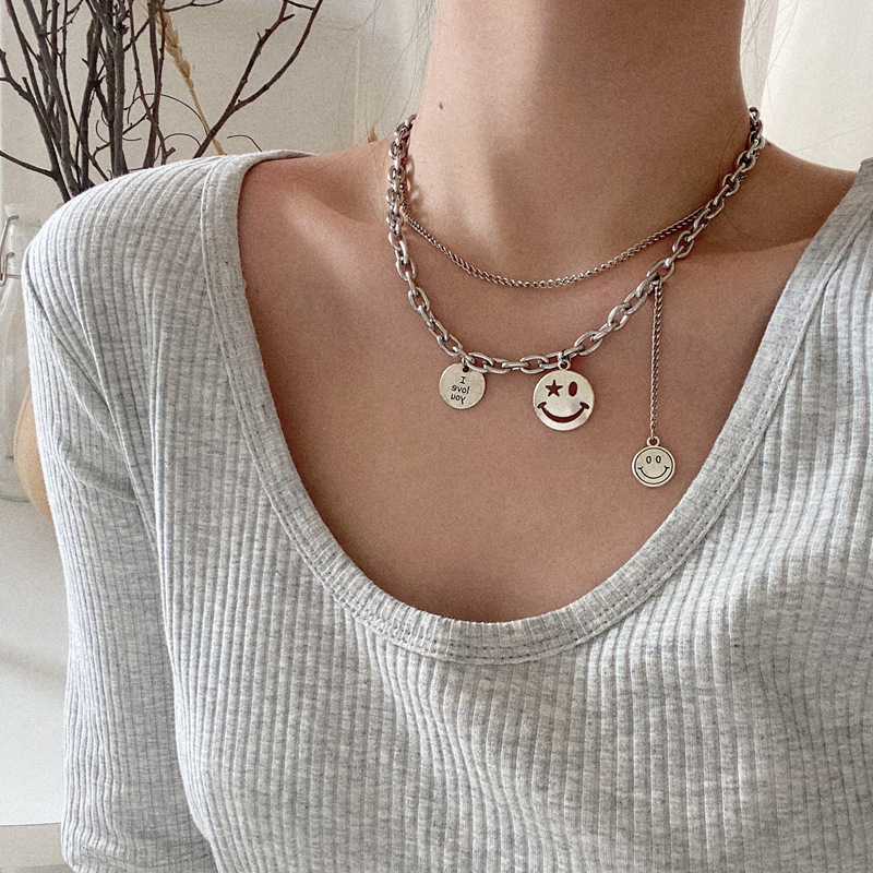 Hip-hop Personality Double Smiley Face Pendant Necklace for Women Girl Temperament Sweater Chain Neck Jewelry