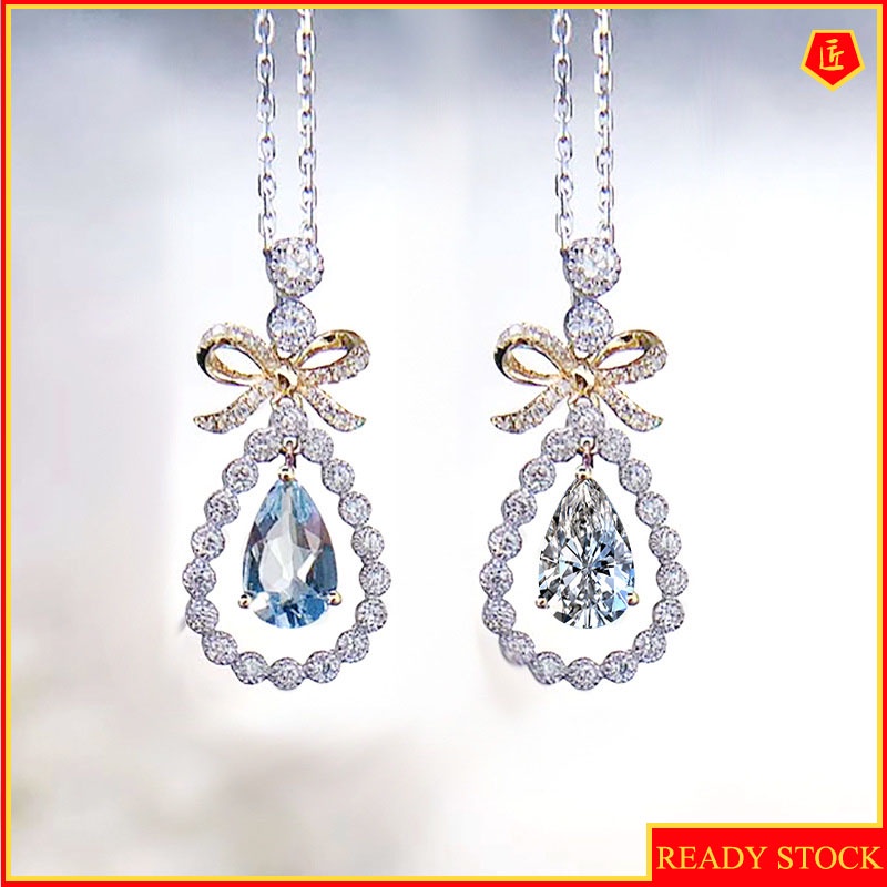 [Ready Stock]Bow Aquamarine Pendant 18K Gold Zircon Necklace Elegant Graceful