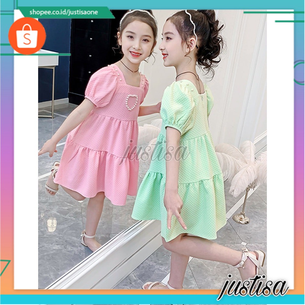 Promo !! Dress anak cewek imut dress pearl love shoulder colour import uk 3-8thn DOMINAN 160 (hijau,pink)