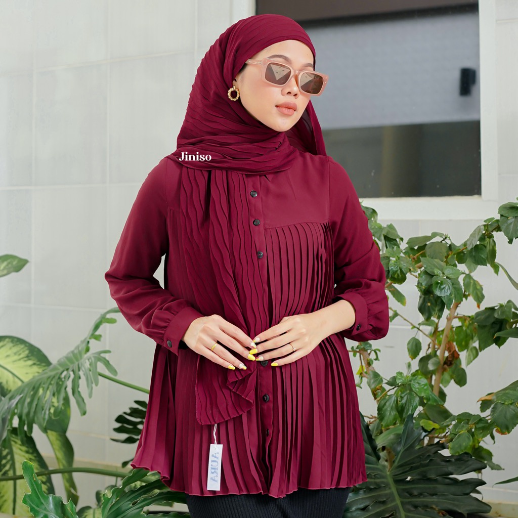 JINISO - Aura Wave Earth Tone Pashmina Full Plisket-MAROON VIBE