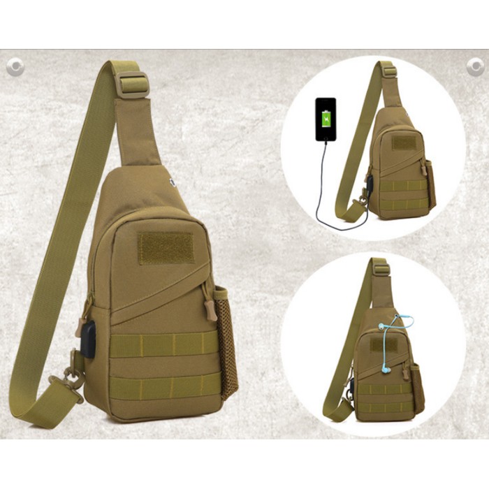 Tas Selempang Pria Sling Bag Tactical Army + USB