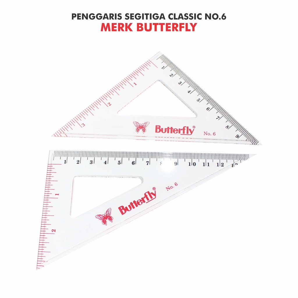 

Penggaris Butterfly Classic No 6 Transparan 13 dan 9 Cm Segitiga Sama Sisi dan Siku