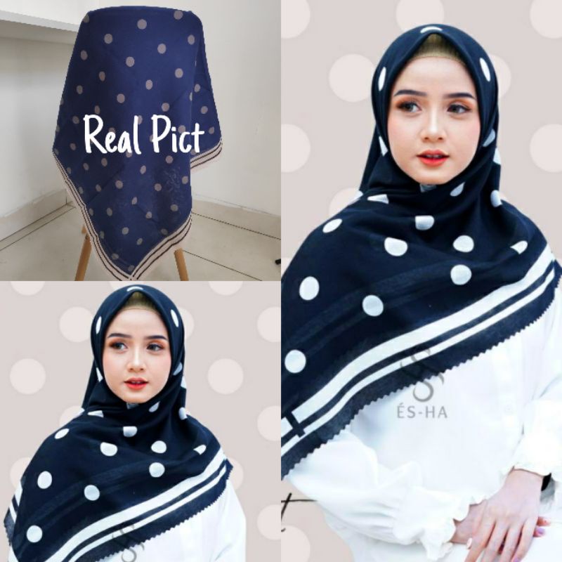 Kerudung vanilla hijab jilbab leopard love rantal polkadot / vanilla hijab segiempat voal motif vanilla chain / deenay kw button kw lasercut-Polkadot navy