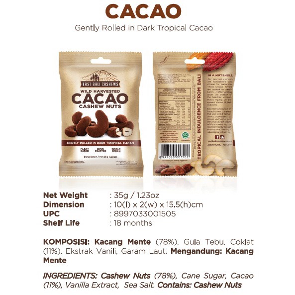 CASHEW NUTS - EAST BALI CASHEWS - CACAO, SEA SALT, CHILLI LIME 35gr