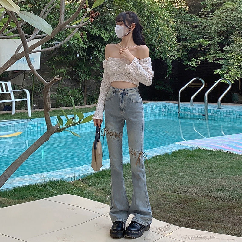 Red Microflared Pants Retro Port Spandex Fish Tail Denim Wanita Musim Semi dan Musim Gugur Lurus Kecil Wanita Gaya Baru Tinggi