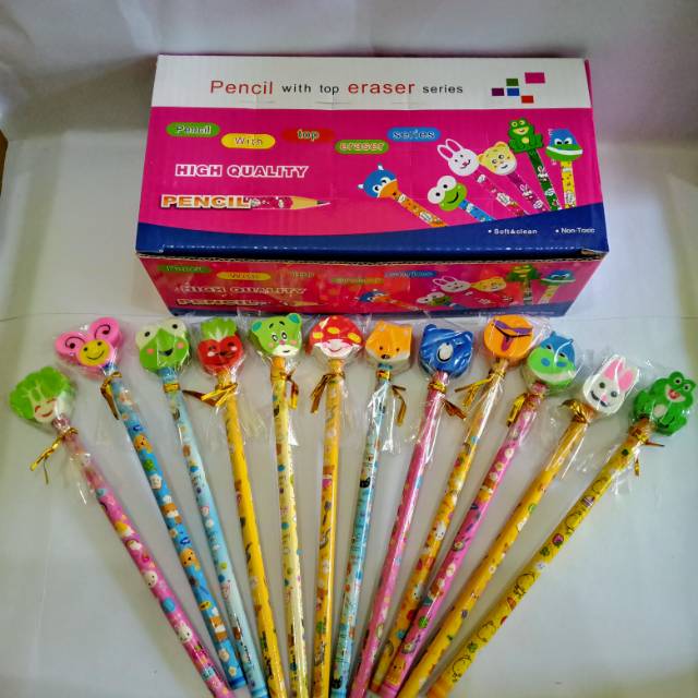 

24 pcs Pensil + penghapus lucu karakter hewan