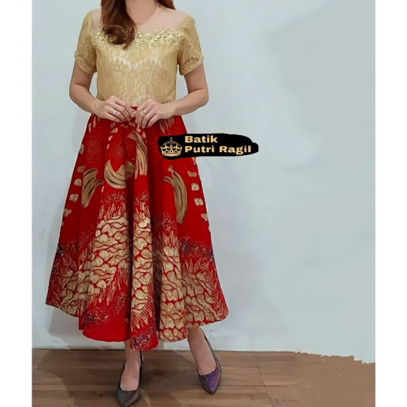 GAUN BATIK TERBARU MODERN - GAUN BATIK KOMBINASI BROKLAT - GAUN BATIK WANITA KEKINIAN