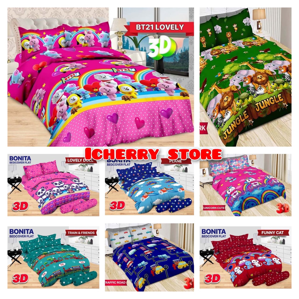 Full Set Bedcover + Sprei Bonita 3D Rumbai Karet Queen King 160x200 180x200 Motif BT21 Lovely BTS, U