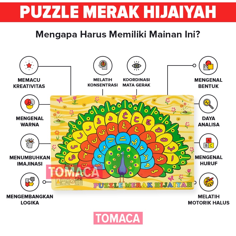 Mainan Edukasi Anak Puzzle Kayu Huruf Hijaiyah Abjad Bahasa Arab Merak