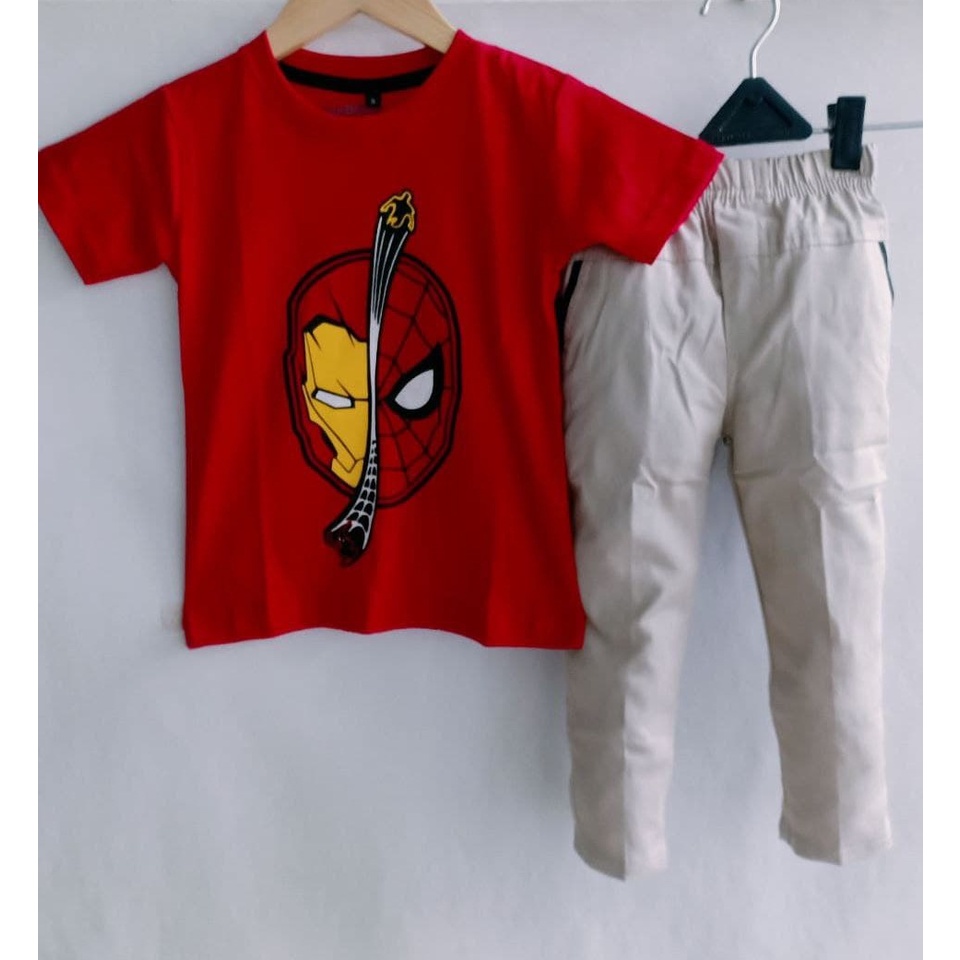 STCPJ- PREMIUM SETELAN CHINO PANJANG DAN KAOS DISTRO SUPERHERO ANAK 1-10 TAHUN ( COD ) PART 2-IRONMAN