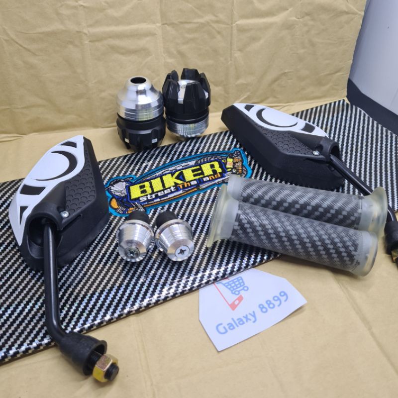 Paket Yamaha-Kulit Jok Karbon Silver+Jalu Stang+Handgrip Karbon+Jalu As+Spion SPS Putih Yamaha