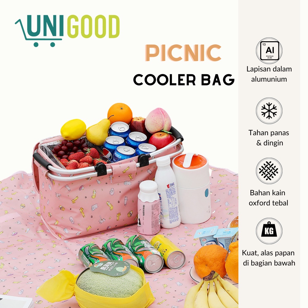 UNIGOOD - Foldable Camping Cooler Bag Waterproof Keranjang Piknik Lipat Tas Aluminium