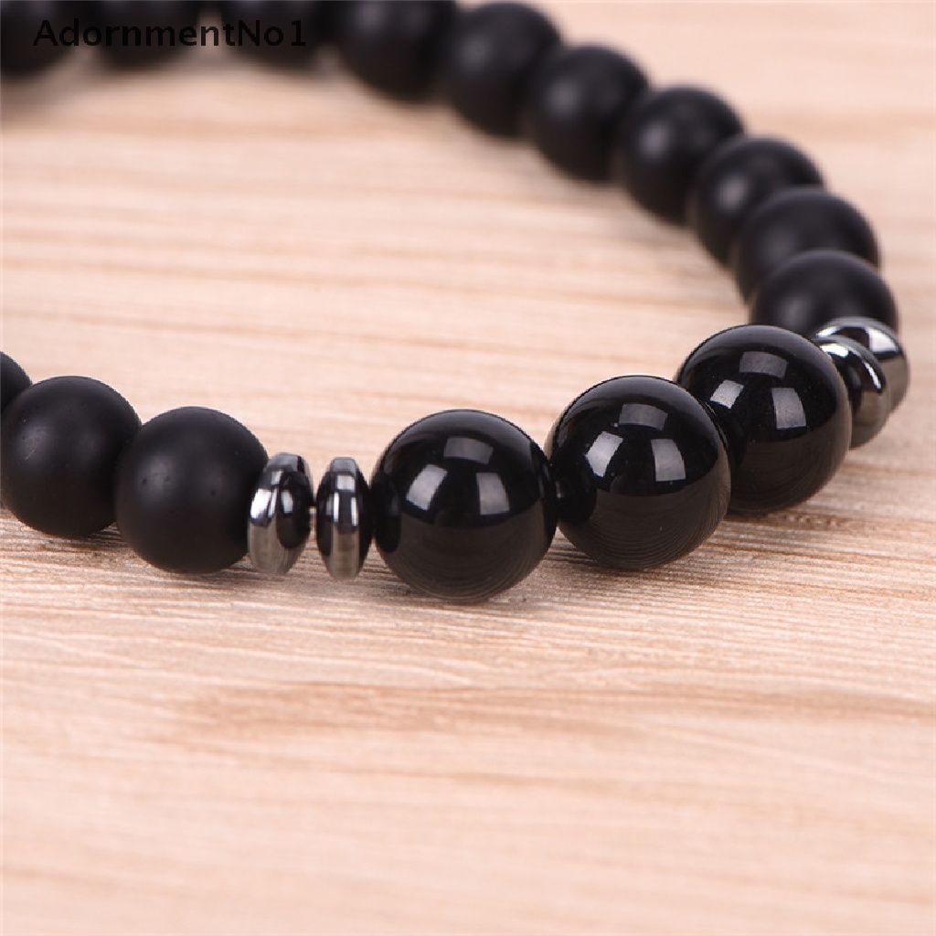 (AdornmentNo1) Gelang Tangan Manik-Manik Batu Agate Tourmaline Hitam Matte Elastis Untuk Pria / Yoga