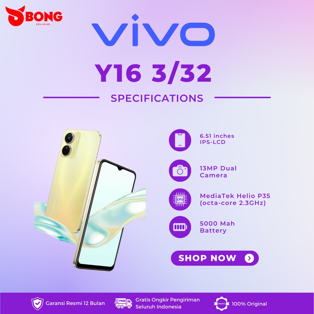 VIVO Y16 3/32GB GARANSI RESMI ORIGINAL