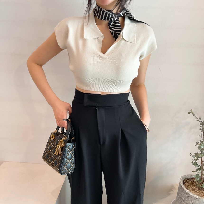 Atasan Rajut Lengan Pendek Wanita korean style Kaos Pusar Cropped