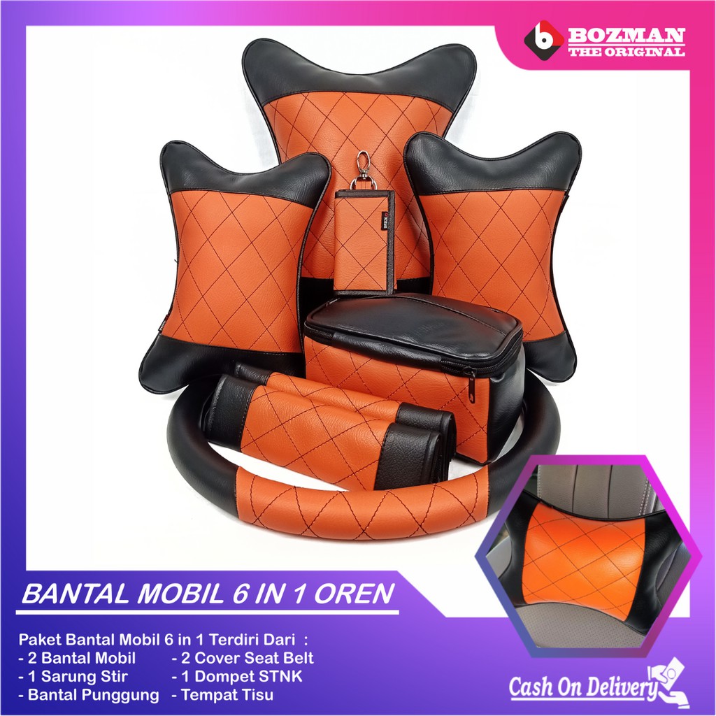 Set Bantal Mobil 6 in 1 Bantal Mobil Seatbelt Sarung Stir Dompet STNK Bantal Pinggang Tempat Tissue Premium