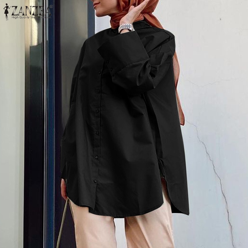 ZANZEA Women Daily Casual Solid Color Turn-Down-Collar Full Sleeve Loose Muslim Blouse