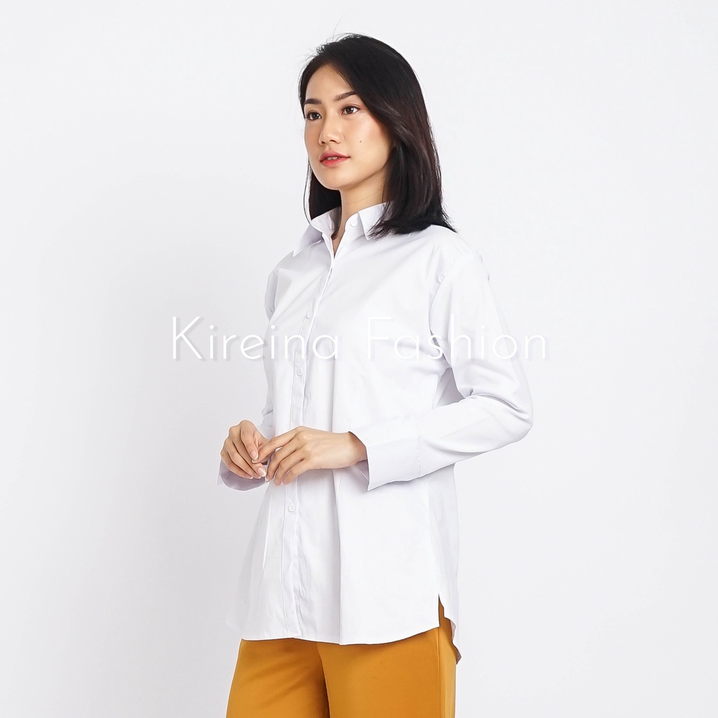 Kemeja Kerja Wanita Polos Putih Hitam Lengan Panjang Hem Formal Kantor Bahan Katun Stretch Melar - Kireina Fashion