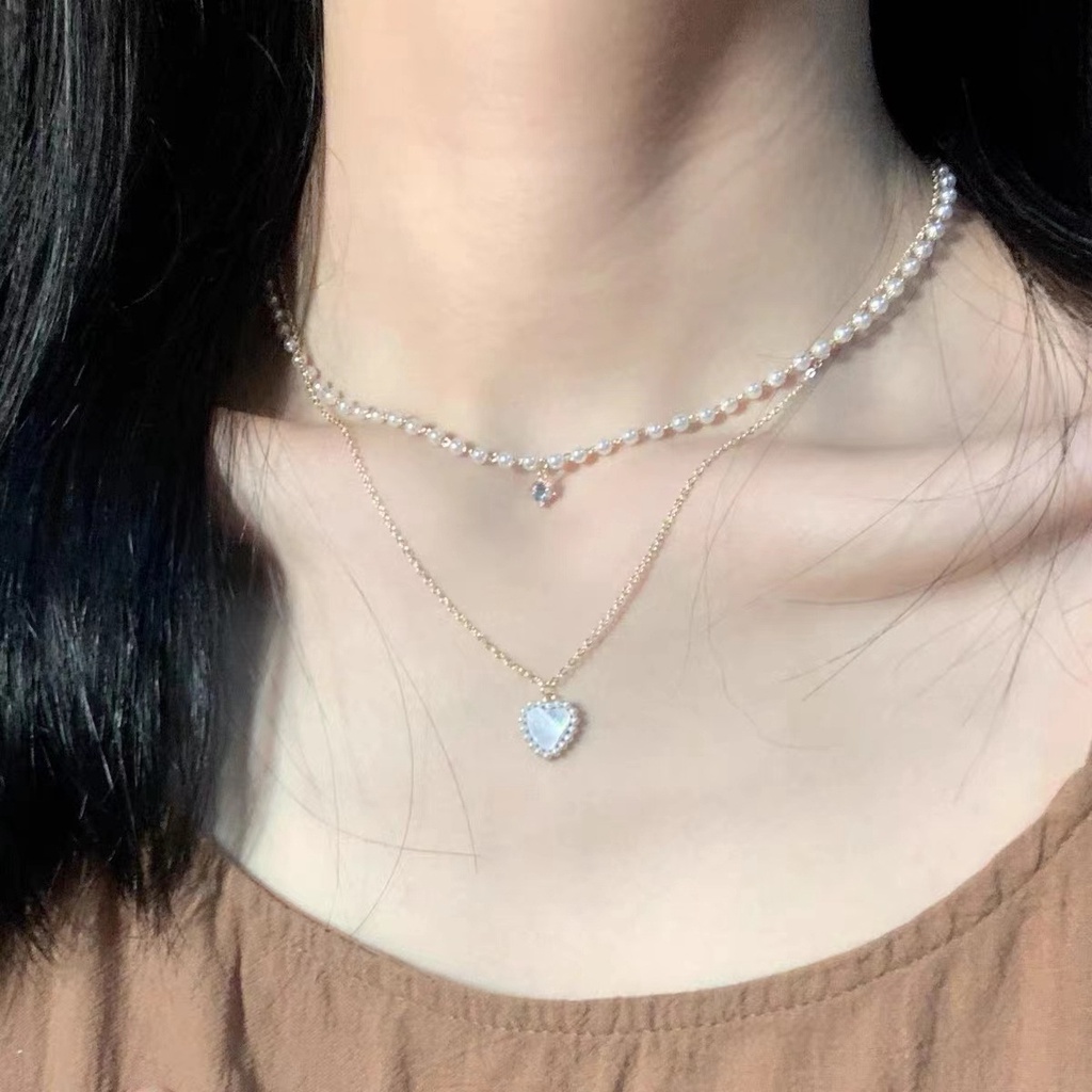 Kalung Rantai Klavikula Model Double Layer Aksen Mutiara Gaya Korea Untuk Wanita