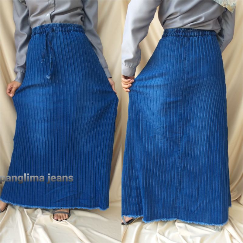 rok jeans tanggung plisket denim wanita rok plisket
