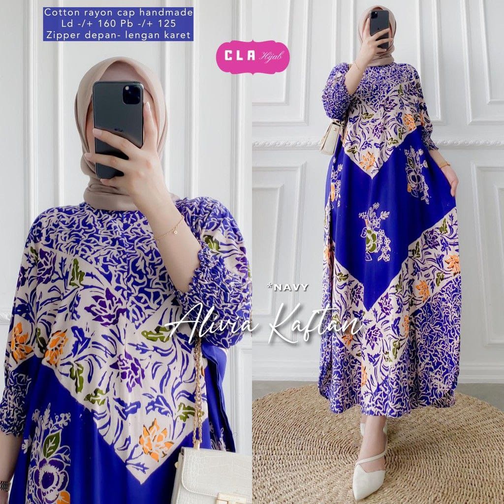 Alivia Kaftan Size Jumbo XXXXL Motif Cap Encim Soft Color by Batik A W Busui Resleting Rayon Tebal / Kaftan Wanita Gamis Rayon