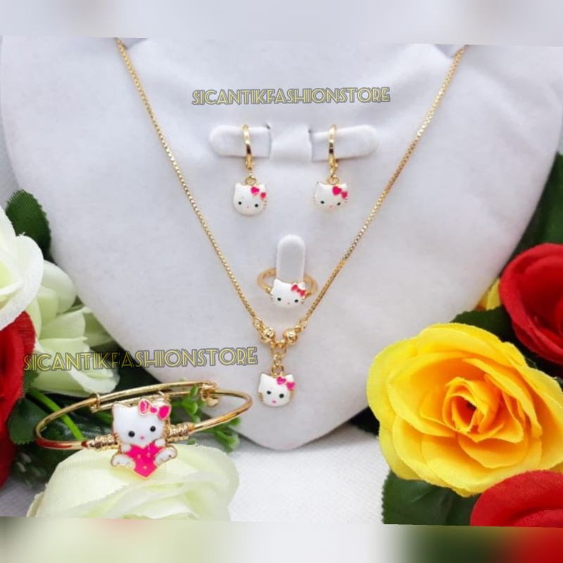 PROMO kalung Titanium Perhiasan set anak-anak hello Kity anti Karat kalung anting cincin gelang anak