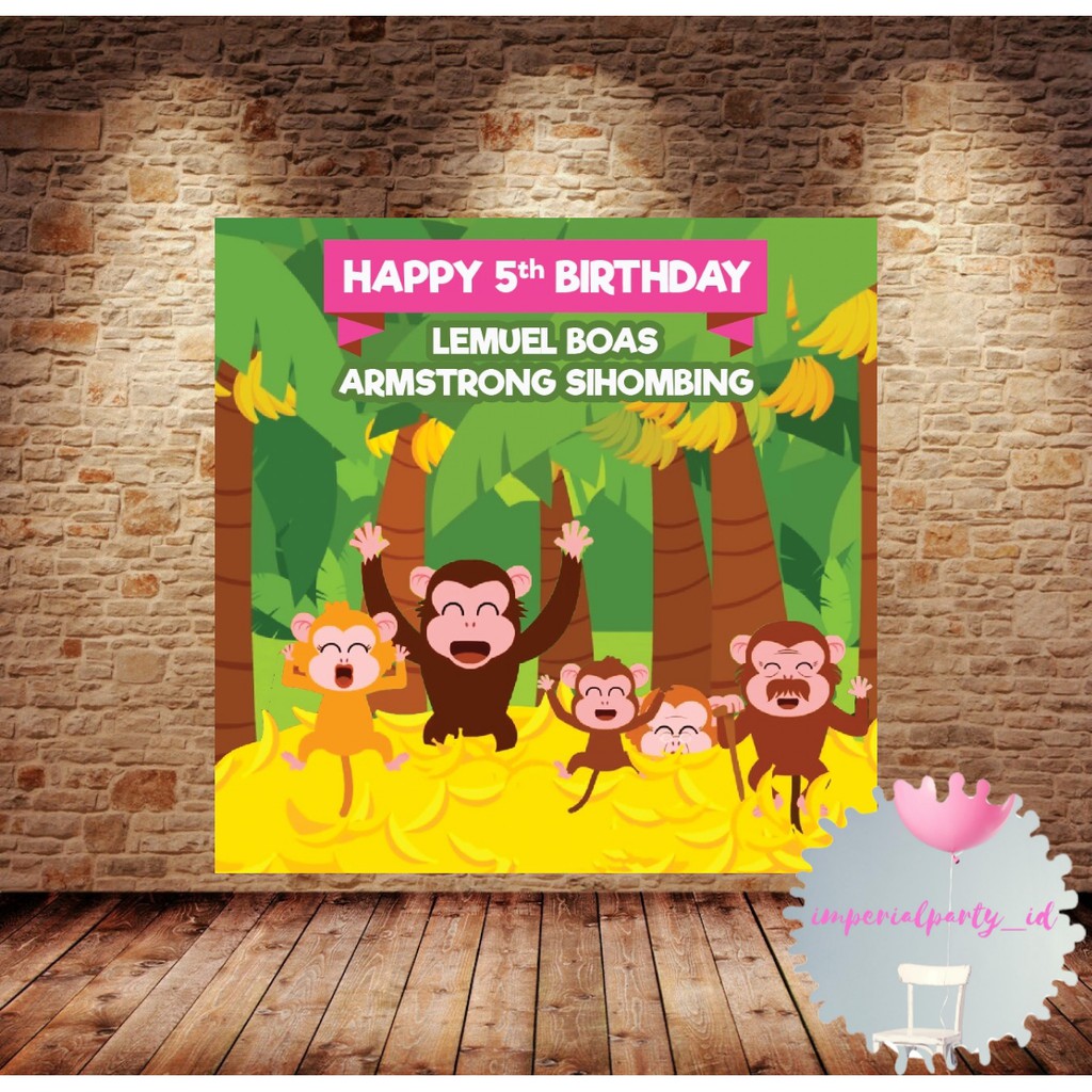 Custom Backdrop Banner Spanduk Happy Birthday Five Little Monkeys