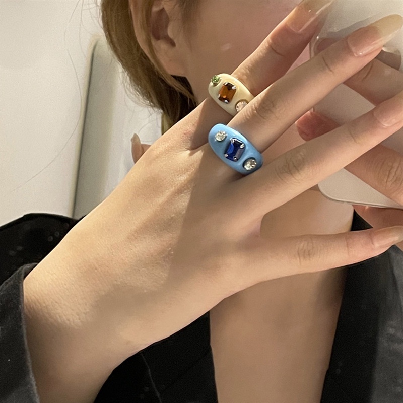 Perhiasan Cincin Kristal Berlian Imitasi Geometris Warna-Warni Gaya Korea Untuk Wanita