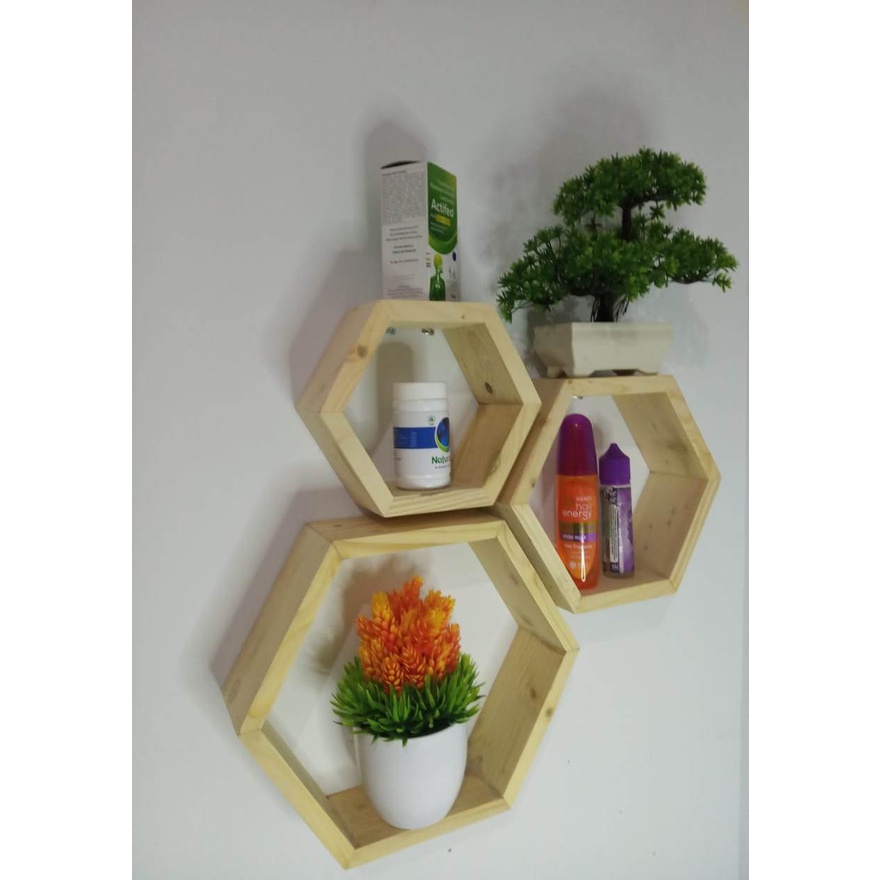 3 pcs Rak kayu hexagonal segi 6 nempel dinding