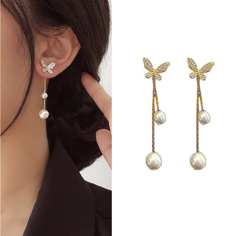 Anting titanium Tusuk Model Kupu-Kupu Dengan Mutiara Gaya Korea Untuk Wanita emas