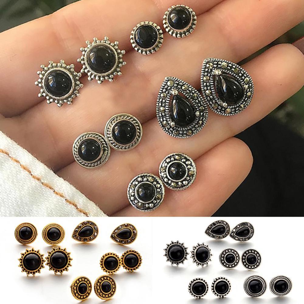 Timekey 5 Pasang / set Anting Tusuk Vintage Bentuk Bunga / Tetesan Air Hias Kristal Hitam Untuk Wanita A9K1