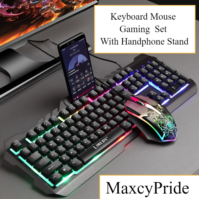 (GAMING SET) Paket Keyboard Mouse Set For Gamers T-21 Series Wired Keyboard RGB LED Lightning With Metal Cover with phone holder Dock For Laptop / PC Gaming