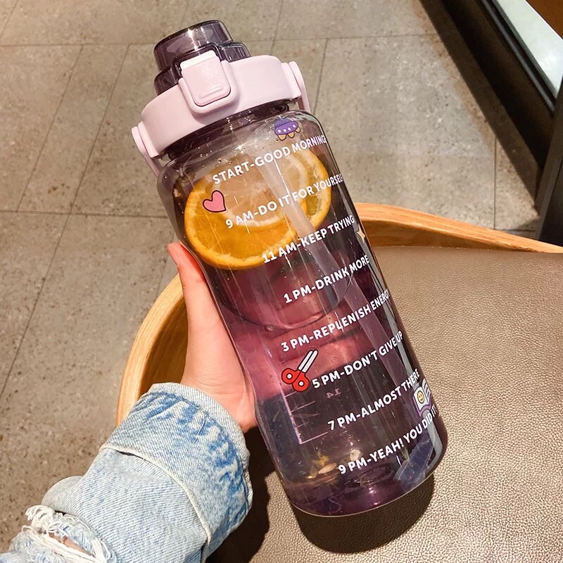 READY STOCK Botol Minum Pastel Sticker Jumbo 2L Seperti Quifit / Botol Reminder / Botol Unik-PURPLE BENING